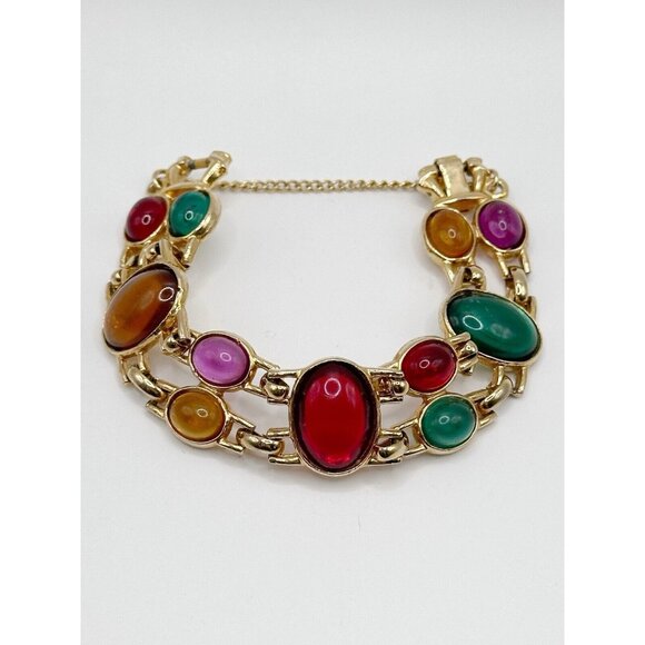 Large Bezel Set Bracelet‎ Candy Color Retro Glam 7” Lucite Cabochons - Picture 1 of 4